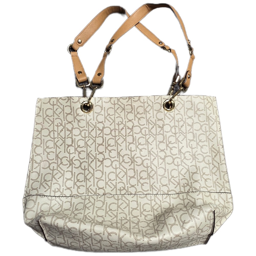 Calvin Klein Monogram Logo‎ Reversible Tote Bag Women's Cream Tan Gold Hardware